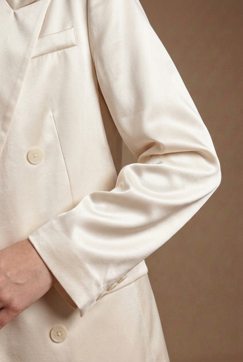 Detailfoto van de mouw en de satijnen stof langs de arm