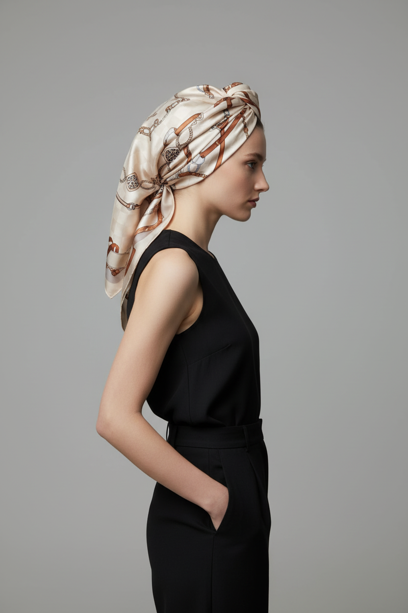 Model met beige sjaal op hoofd zonder riem