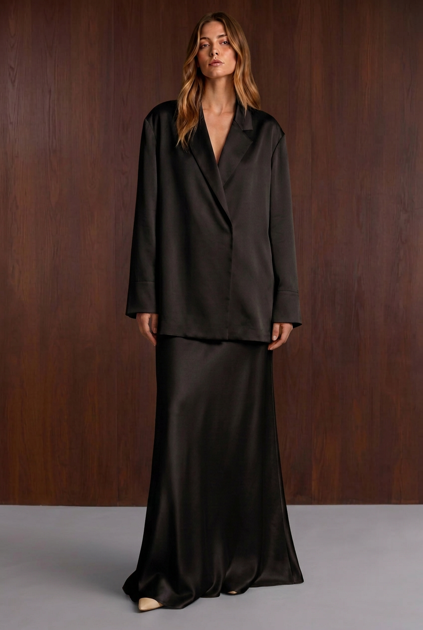 Zwarte Satin Skirt Suit met donkerbruine achtergrond