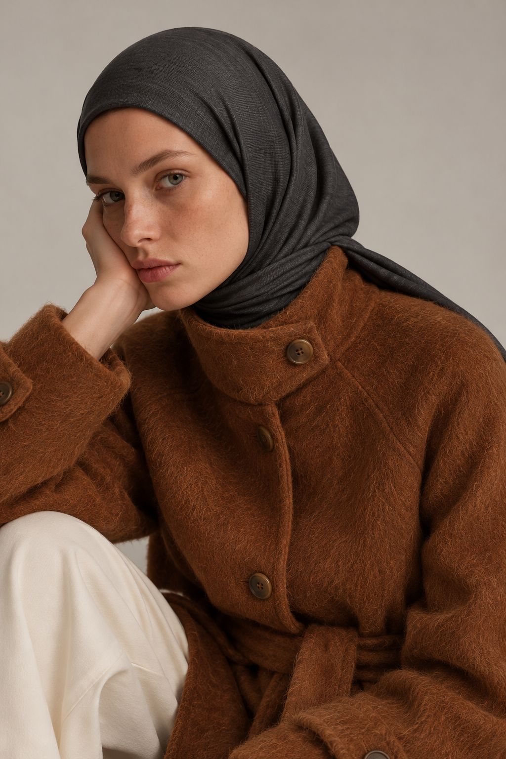 SANSIE Charcoal Grey jersey hijab styled with a brown coat