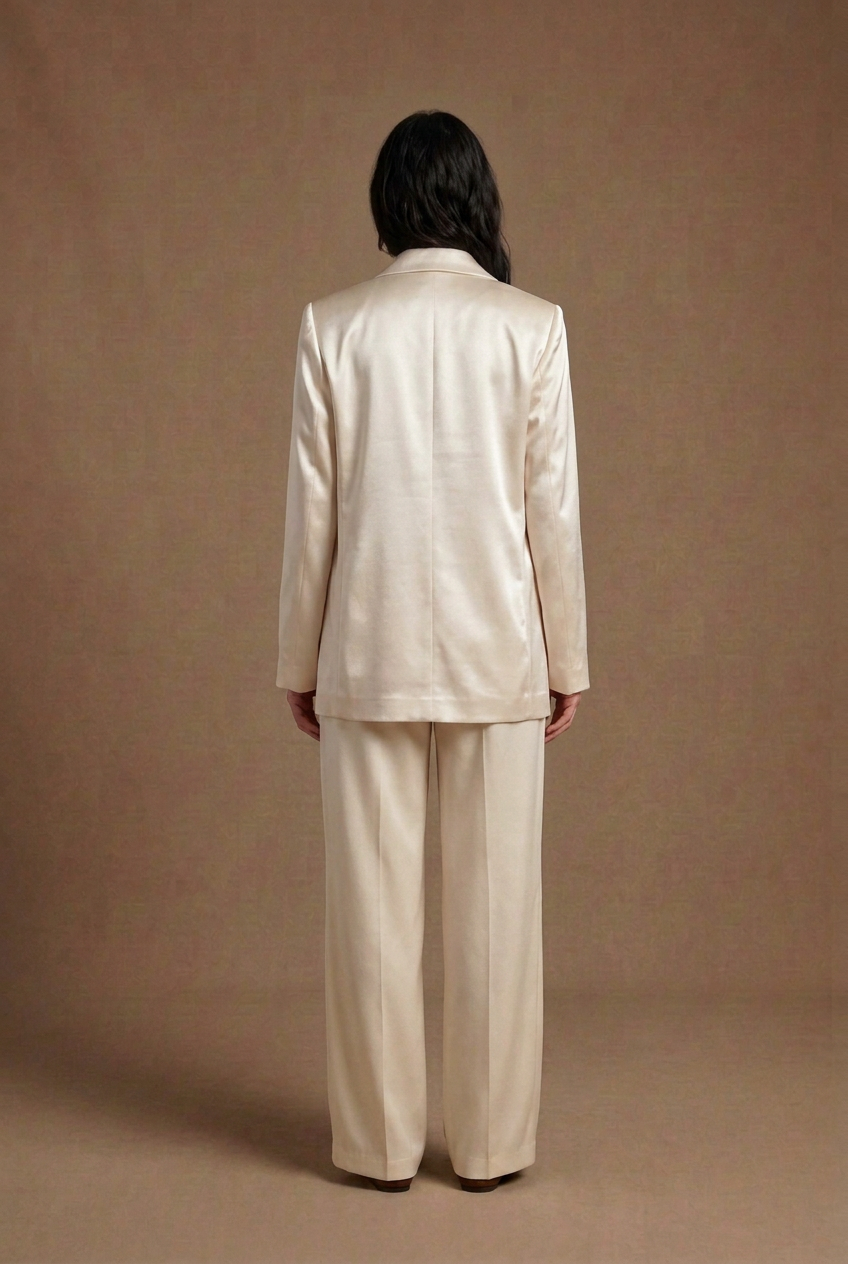 Achteraanzicht van het model in de witte satijnen blazer en crème broek, op de warmbruine achtergrond