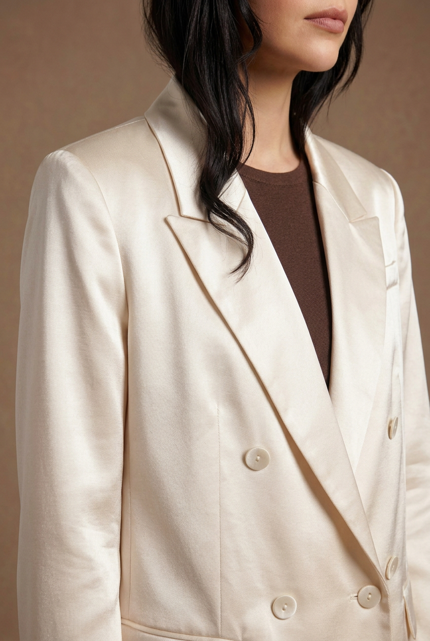 Close-up van de witte satijnen blazer met kraag, knopen en stofdetail, gedragen door het model op de warmbruine achtergrond