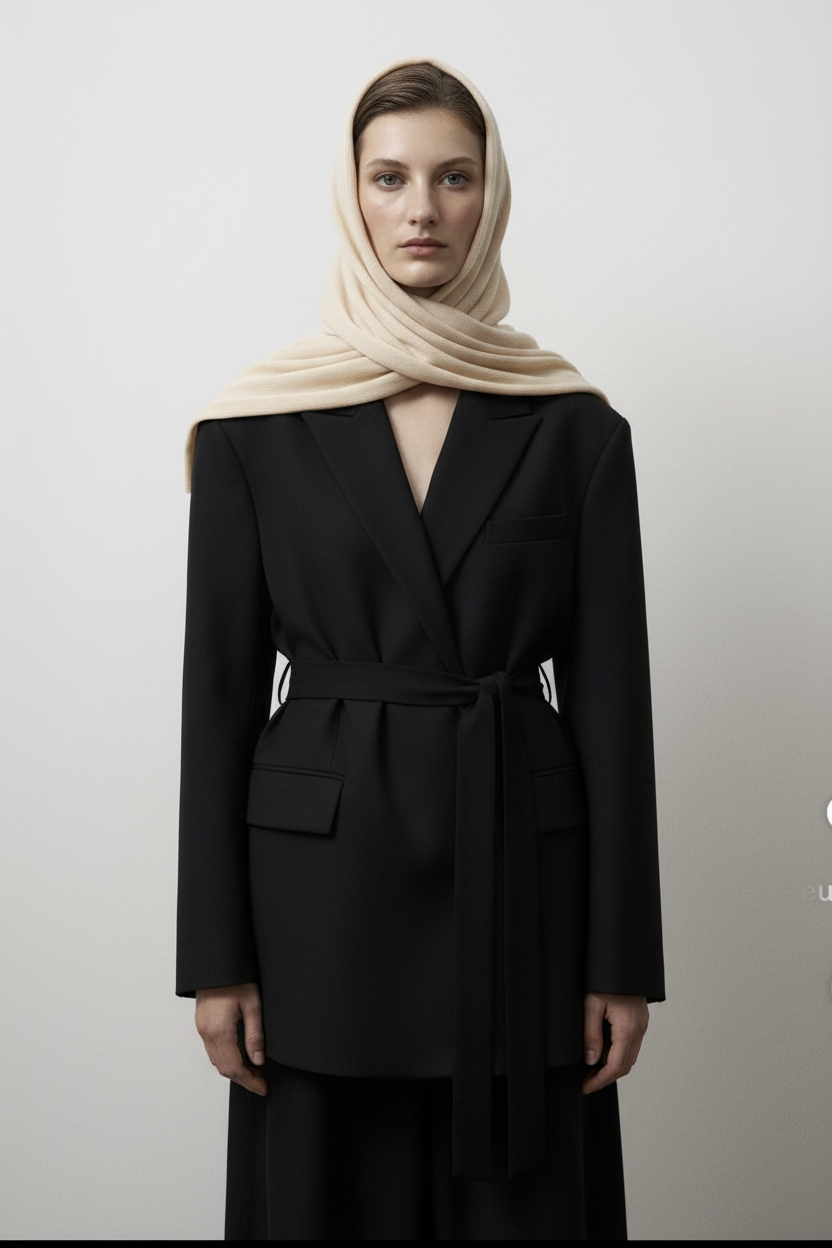 Model rechtop met colbert en oatly scarf